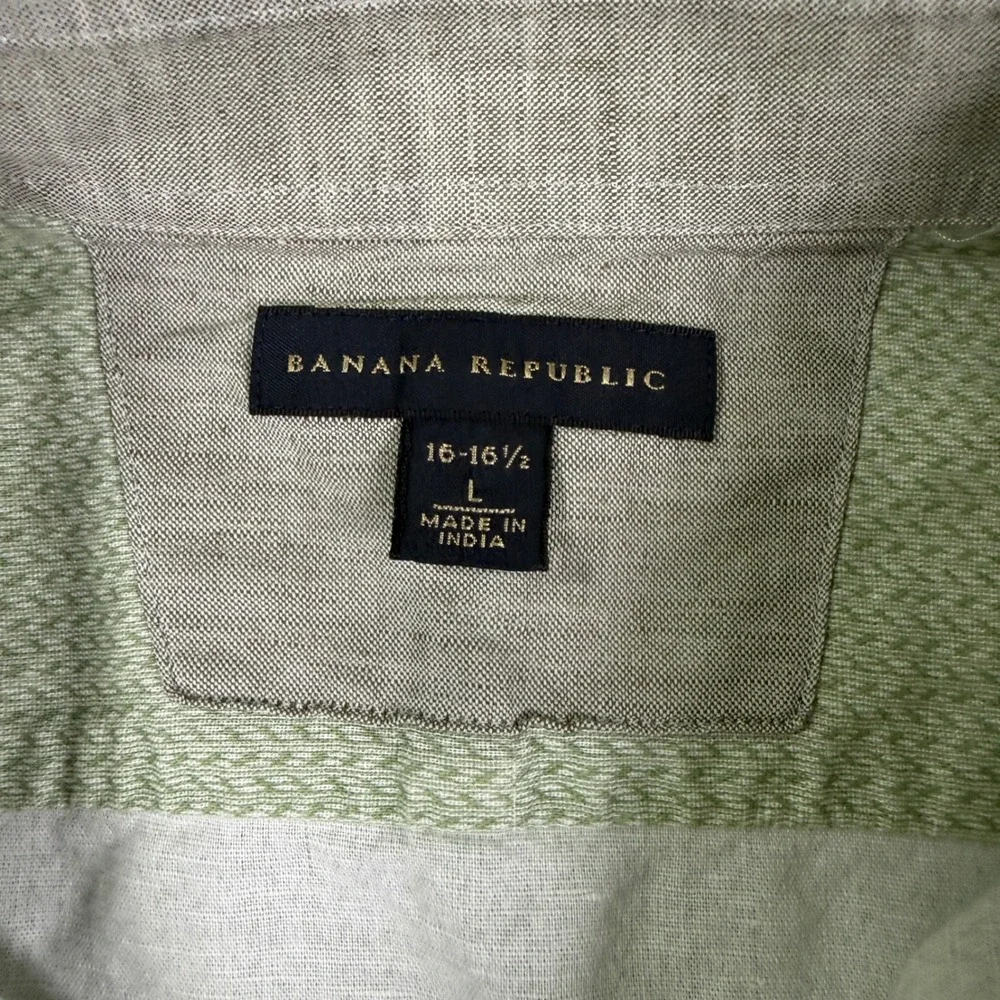 Banana Republic Safari Shirt Mens L Green Chevron Stripe Linen Blend Epaulettes
